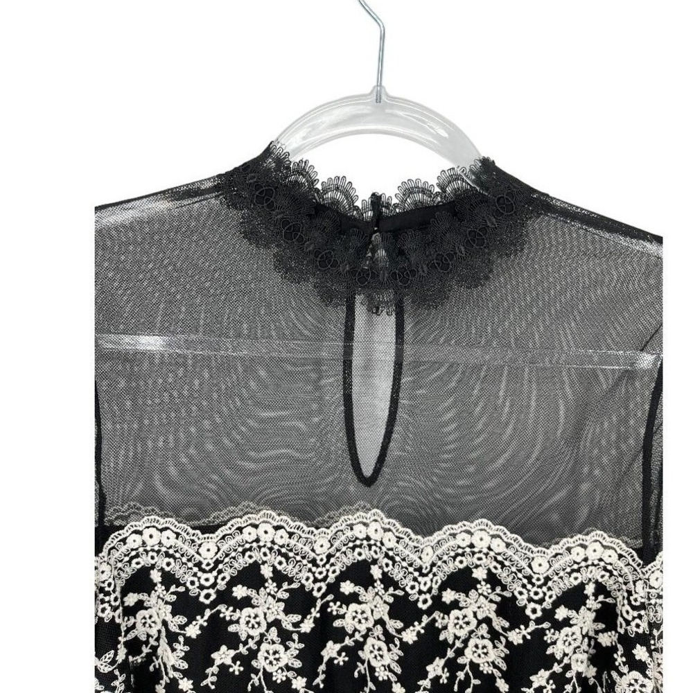 Black White‎ Lace Mesh Top M Mock Neck Sheer Floral Embroidered Fairy Coquette